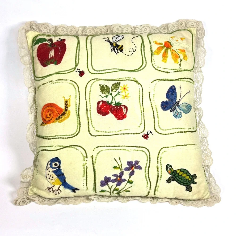 Vintage Granny-made Embroidered Throw Pillow 16